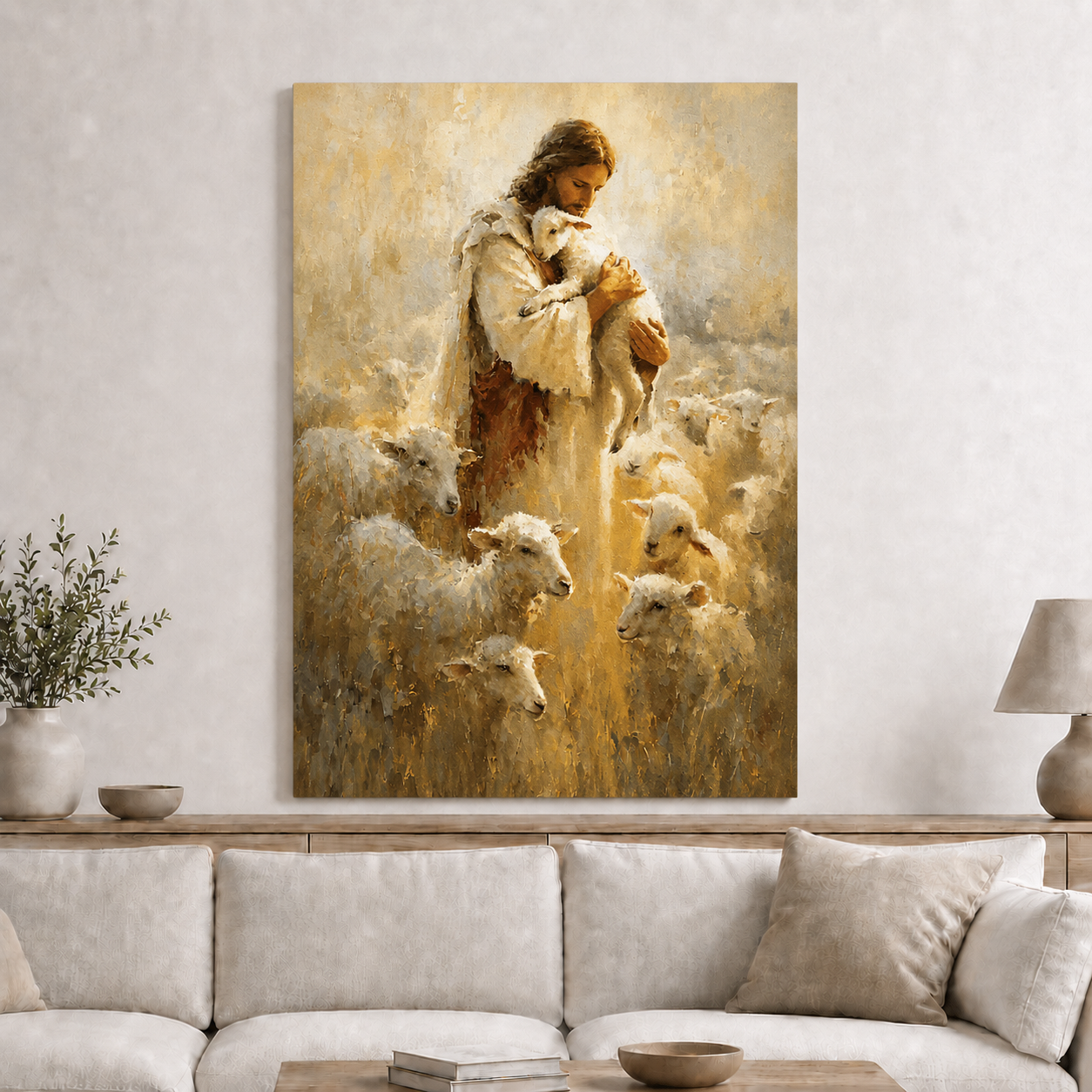 Jesus Holding Lamb Wall Art, Good Shepherd Christian Religious Canvas