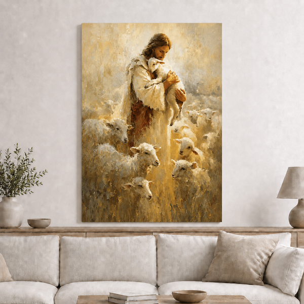 Jesus Good Shepherd With Lambs Wall Art, Christian Religious Faith Canvas