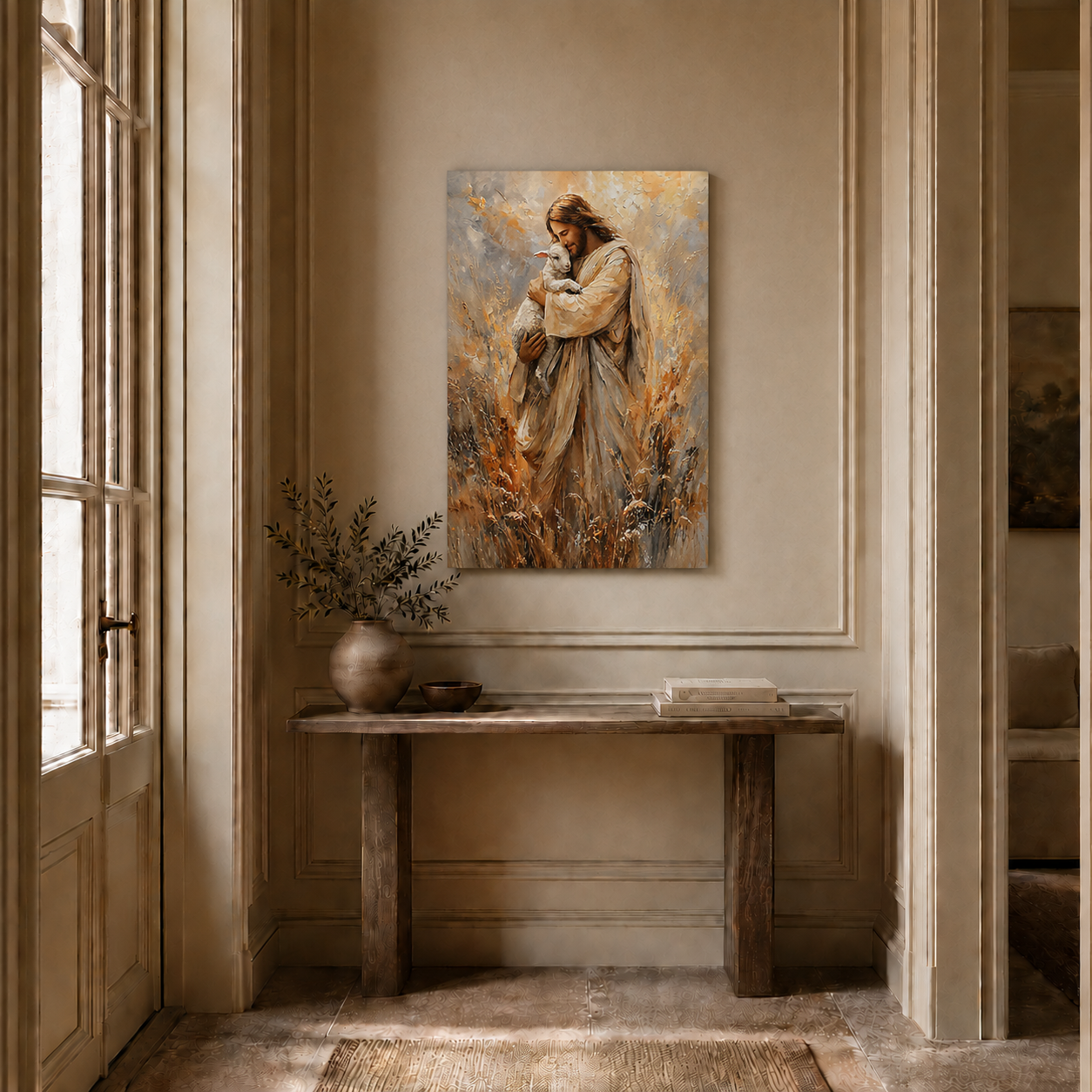Jesus Holding Lamb Wall Art, Good Shepherd Christian Faith Poster/Canvas