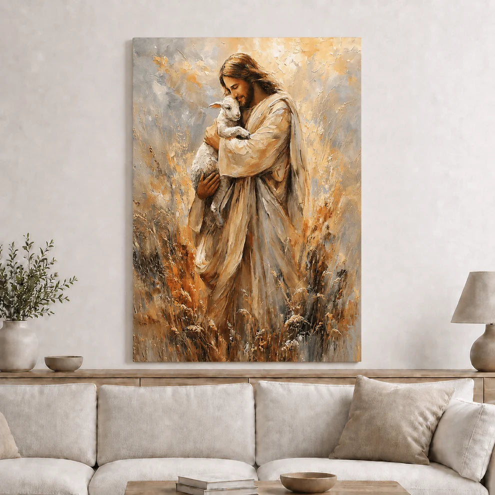 Jesus Holding Lamb Wall Art, Good Shepherd Christian Religious Canvas