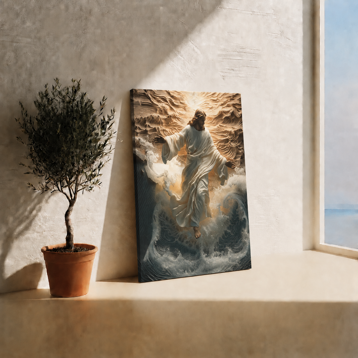 Jesus Walking Through White Waves Wall Art, Christian Faith Canvas