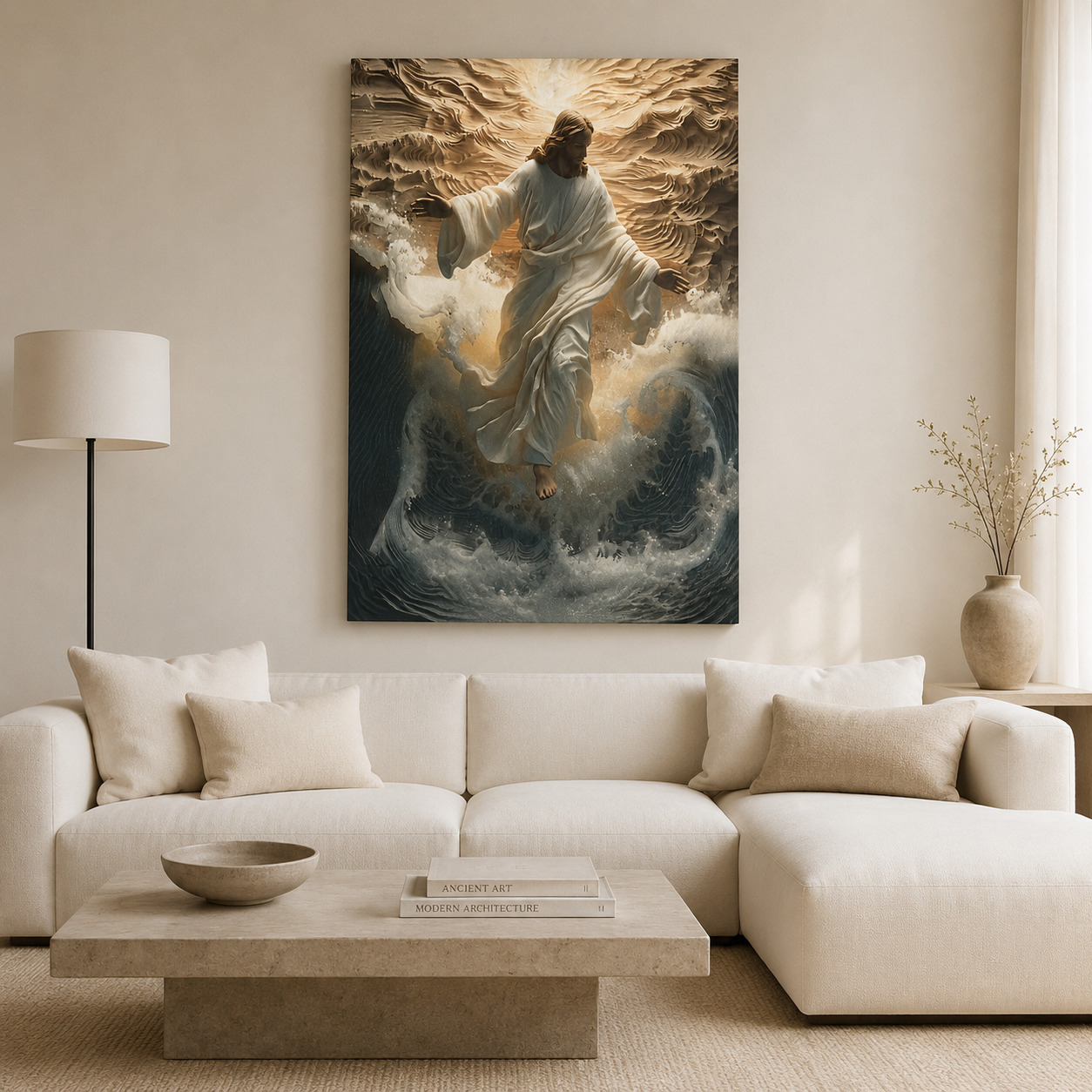 Jesus Walking Through White Waves Wall Art, Christian Faith Canvas