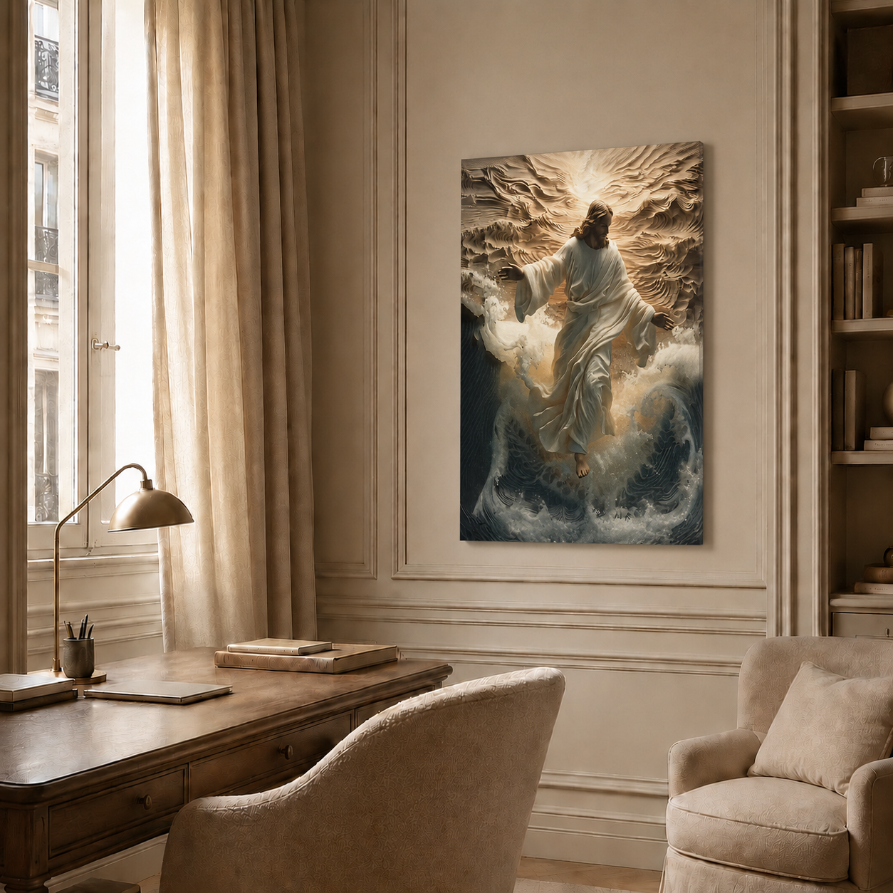 Jesus Calming The Storm Wall Art, Christian Faith Ocean Waves Poster/Canvas
