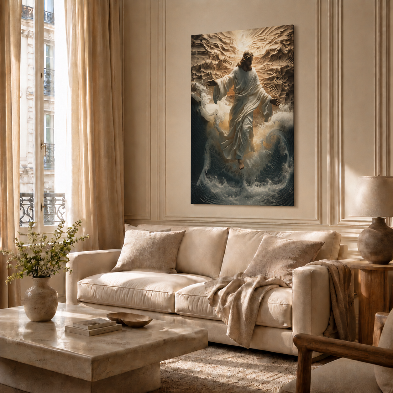 Jesus Calming The Storm Wall Art, Christian Faith Ocean Waves Poster/Canvas