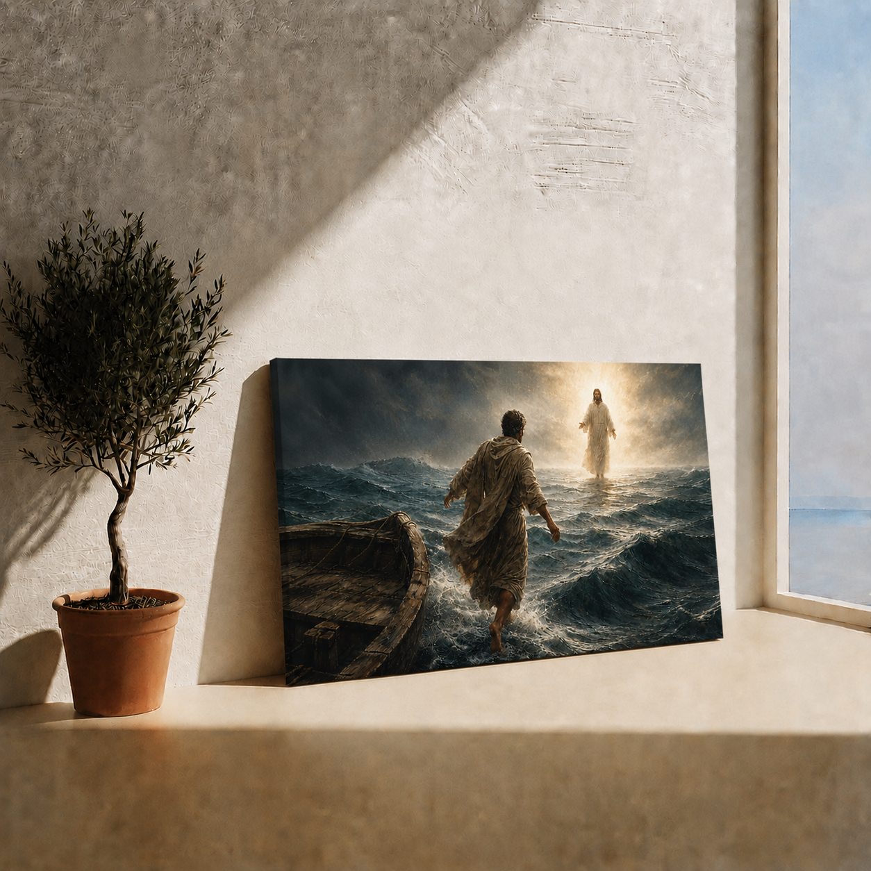 Jesus Walking On Water Wall Art, Christian Faith Stormy Sea Poster/Canvas