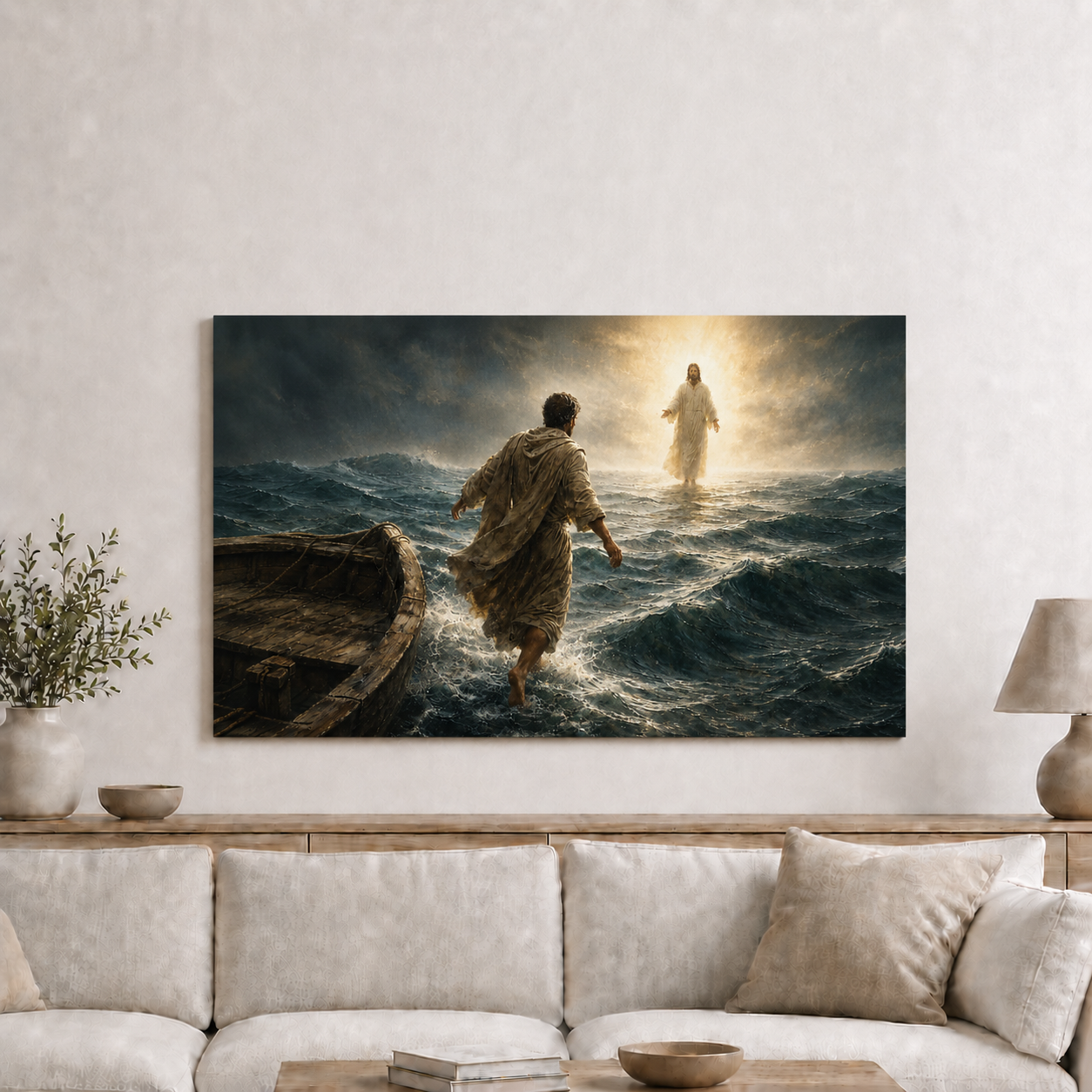 Jesus Walking On Water Wall Art, Christian Faith Stormy Sea Poster/Canvas