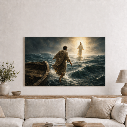 Jesus Walking On Water Wall Art, Christian Faith Stormy Sea Poster/Canvas