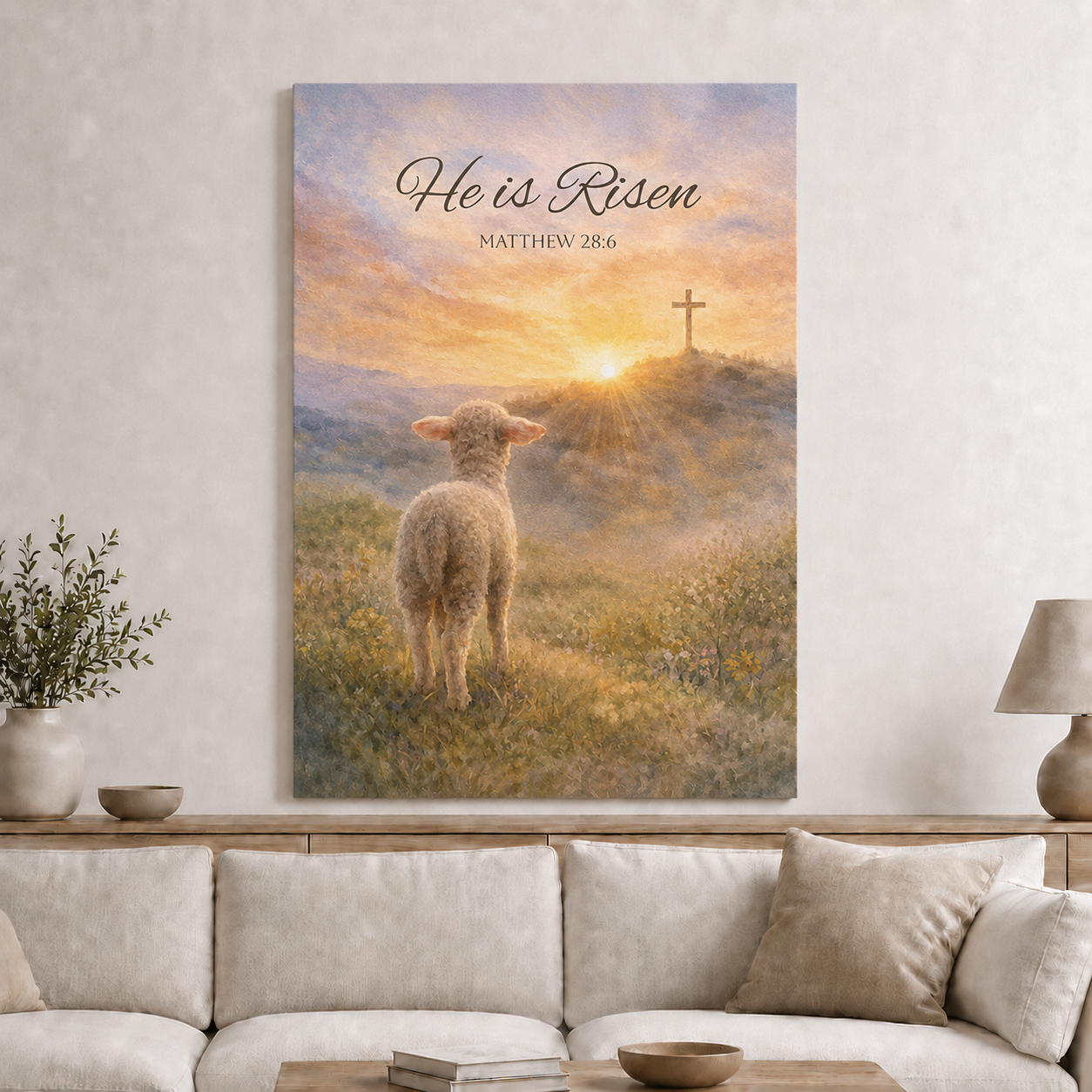He Is Risen Lamb Easter Wall Art, Matthew 28:6 Christian Religious Poster/Canvas