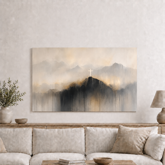 Abstract Cross On Mountain Wall Art, Christian Faith Landscape Canvas