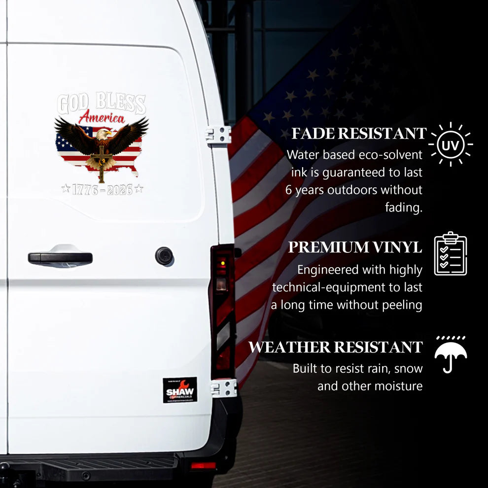 God Bless America Eagle Cross 1776–2026 – Waterproof Christian Sticker for Car, Laptop, Water Bottle & More