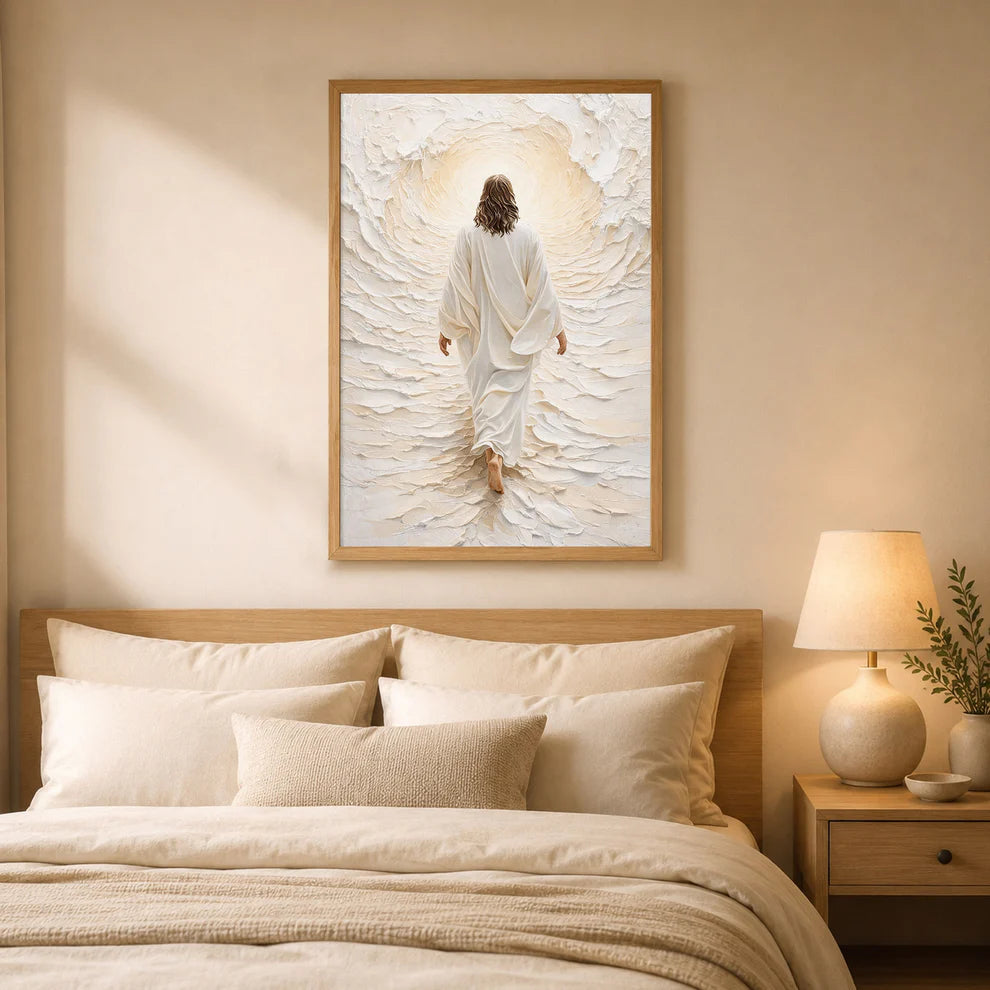 Jesus Walking Through White Waves Wall Art, Christian Faith Canvas