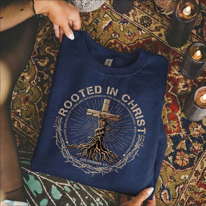Rooted In Christ Wooden Cross With Growing Roots Design - Minimalist Faith - Unisex Tshirt / Hoodie / Sweatshirt