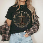Rooted In Christ Wooden Cross With Growing Roots Design - Minimalist Faith - Unisex Tshirt / Hoodie / Sweatshirt