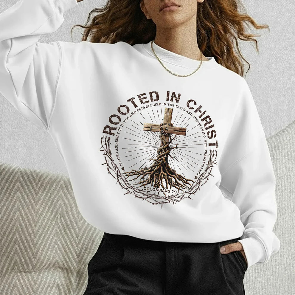 Rooted In Christ Wooden Cross With Growing Roots Design - Minimalist Faith - Unisex Tshirt / Hoodie / Sweatshirt