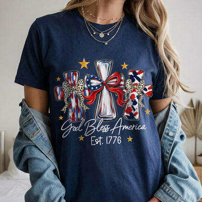 God Bless America T-Shirt, Patriotic Cross Distressed Flag – Unisex Tshirt / Hoodie / Sweatshirt