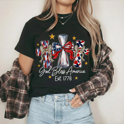God Bless America T-Shirt, Patriotic Cross Distressed Flag – Unisex Tshirt / Hoodie / Sweatshirt
