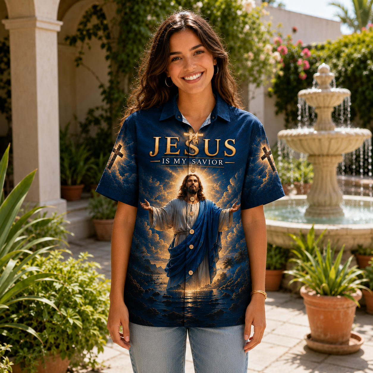 Navy Jesus Is My Savior Hawaiian Shirt – Philippians 4:13 Christian Faith Button-Up