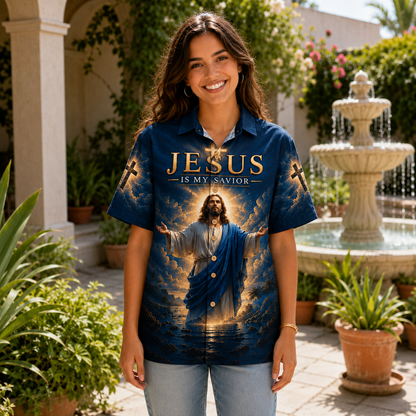 Navy Jesus Is My Savior Hawaiian Shirt – Philippians 4:13 Christian Faith Button-Up