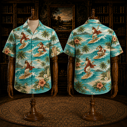 Turquoise Blue Jesus On The Waves Hawaiian Shirt – Christian Ocean Aloha Shirt