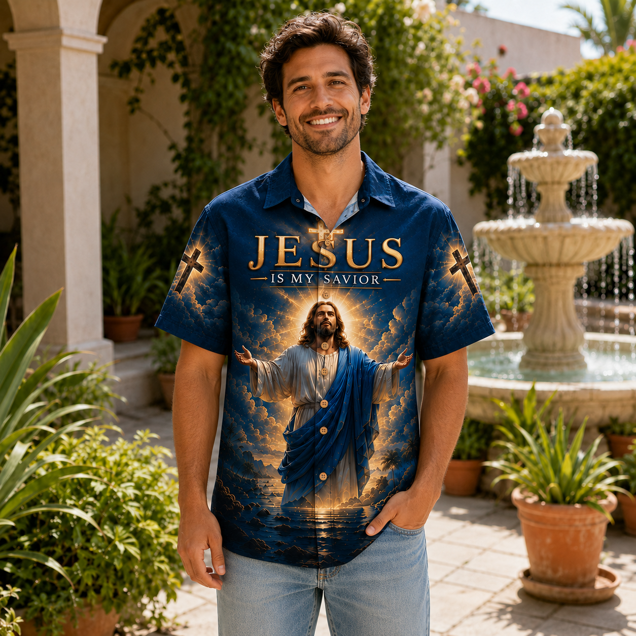 Navy Jesus Is My Savior Hawaiian Shirt – Philippians 4:13 Christian Faith Button-Up