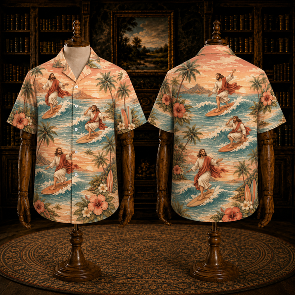 Peach Sunset Jesus On The Waves Hawaiian Shirt – Christian Beach Aloha Shirt
