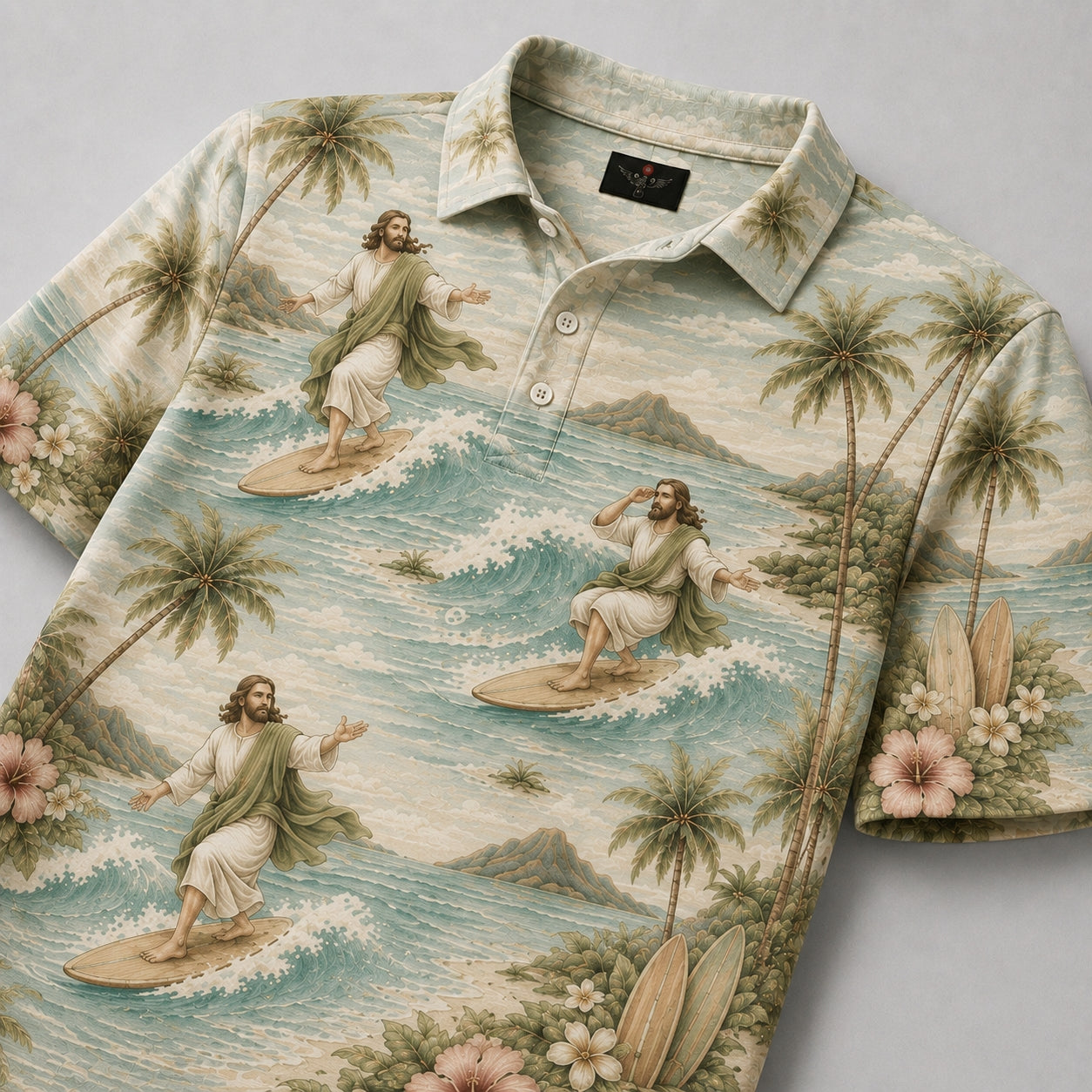 Sage Green Surfing Jesus Christian Hawaiian Polo Shirt – Tropical Surfer Beach Graphic Polo