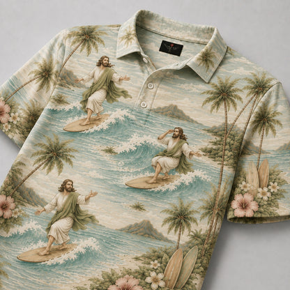 Sage Green Surfing Jesus Christian Hawaiian Polo Shirt – Tropical Surfer Beach Graphic Polo